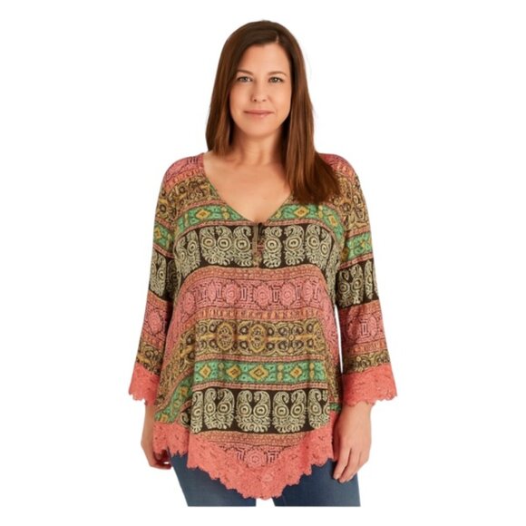 Farmer's Market by One World XL Neck Plunge Asymmetrical Boho Top - Picture 1 of 7